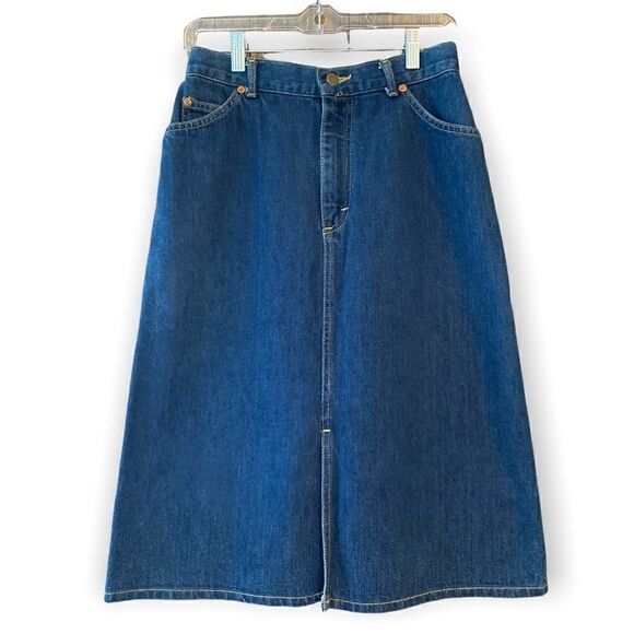 Lee 11R Blue Denim Vintage Modest To the Knee Back Elastic Waist Rustic Skirt - Picture 1 of 6